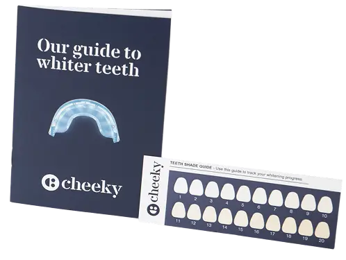 Cheeky teeth whitening guide and shade guide on a white background