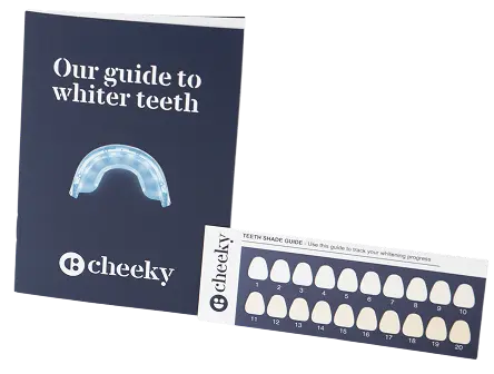 Cheeky teeth whitening guide with a tray and shade guide on a white background