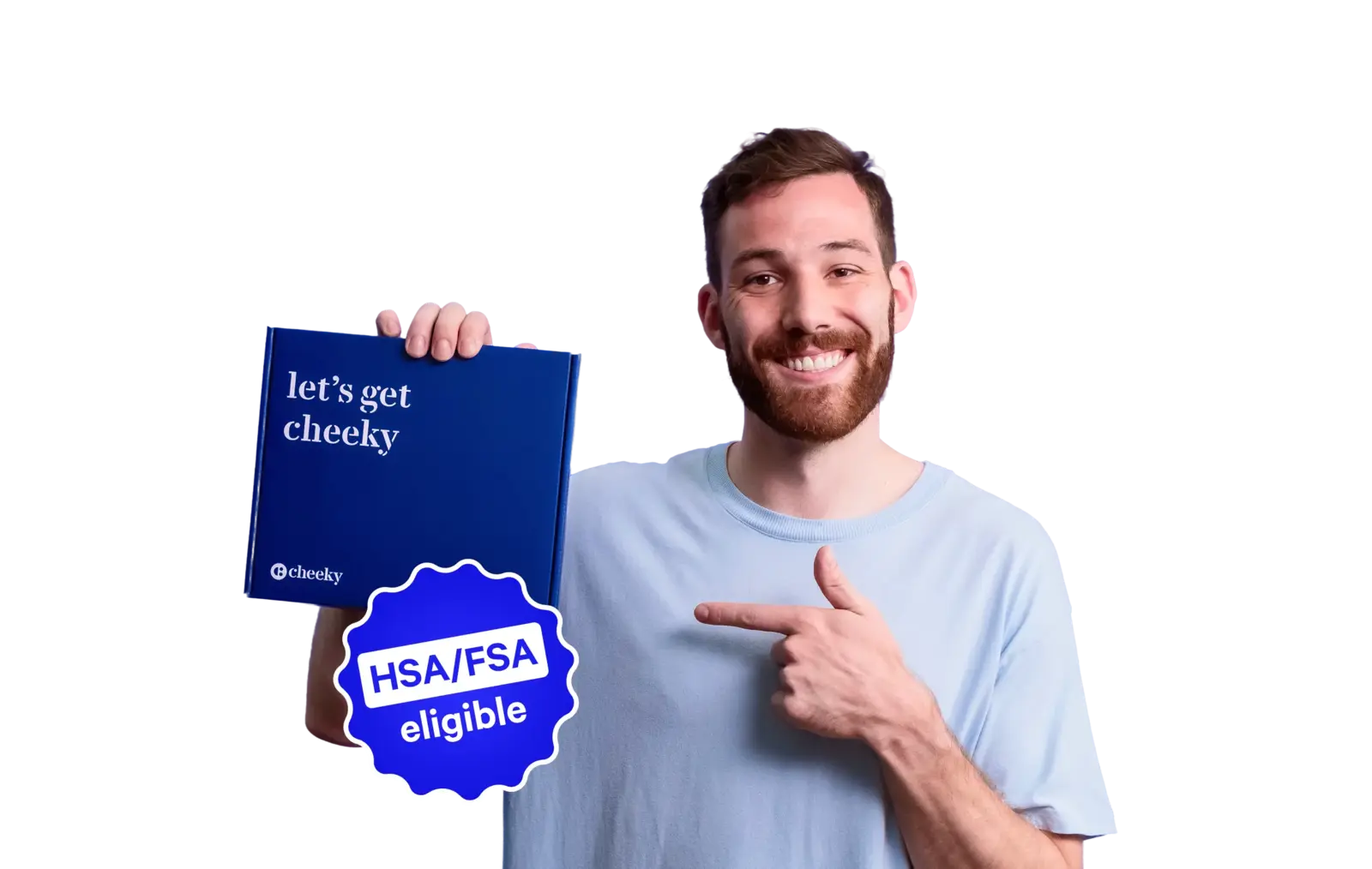 Man holding a blue book titled 'let's get cheeky' with a Cheeky logo, pointing to an HSA/FSA eligible badge on a white background.
