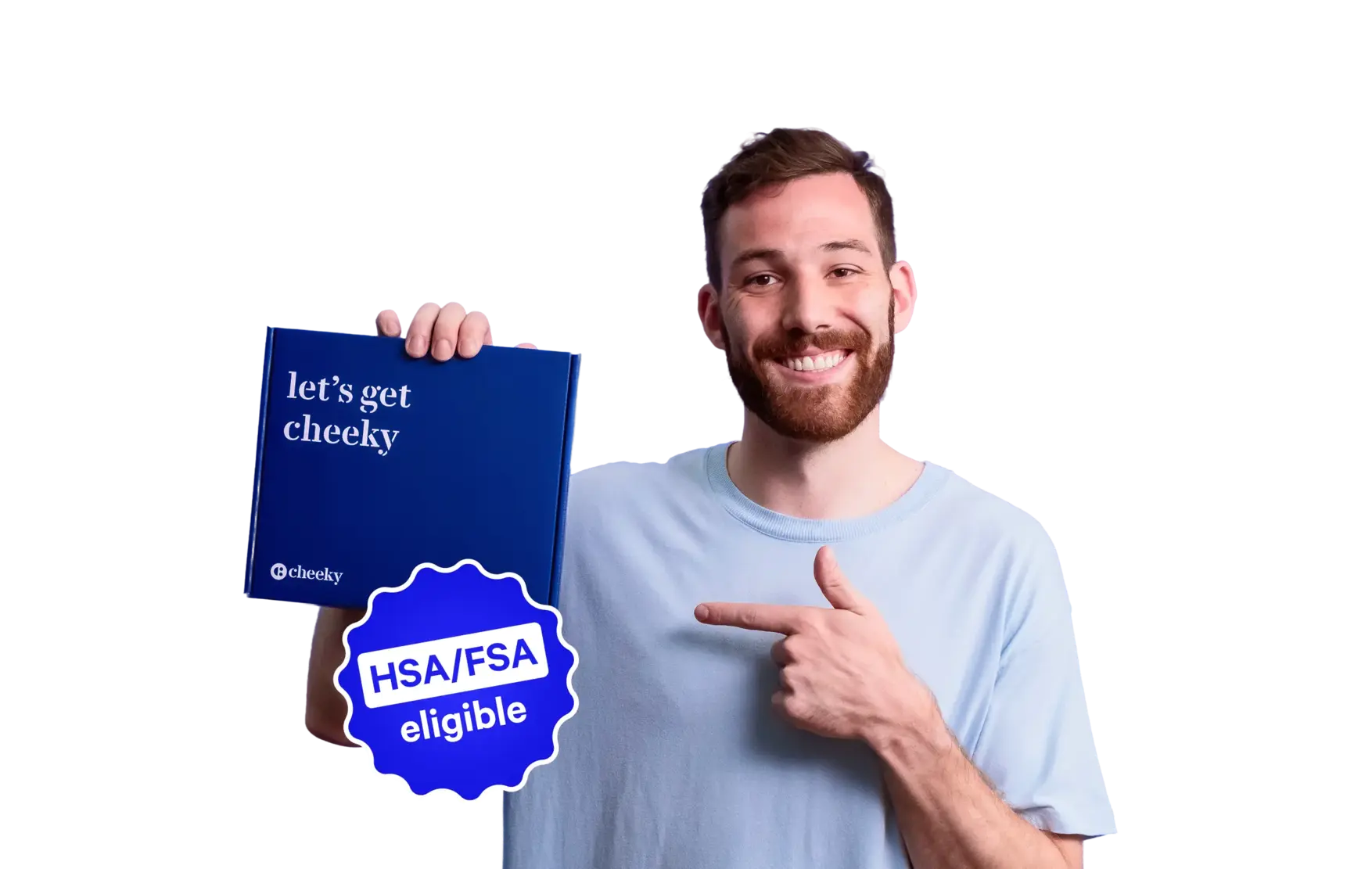 Man holding a blue book titled 'let's get cheeky' with a Cheeky logo, pointing to an HSA/FSA eligible badge on a white background.
