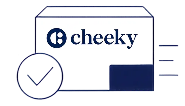 Illustration of a box with the 'cheeky' brand logo and a check mark on a white background.