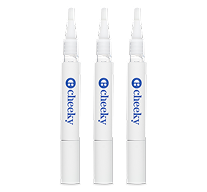 Three white spray bottles with blue labels on a white background
