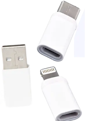 Two white USB adapters with metallic connectors on a white background