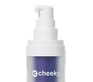 A close-up of a skincare pump bottle with a white pump dispenser and a dark blue bottle body. The brand name 'cheeky' is printed in white on the lower front of the bottle.